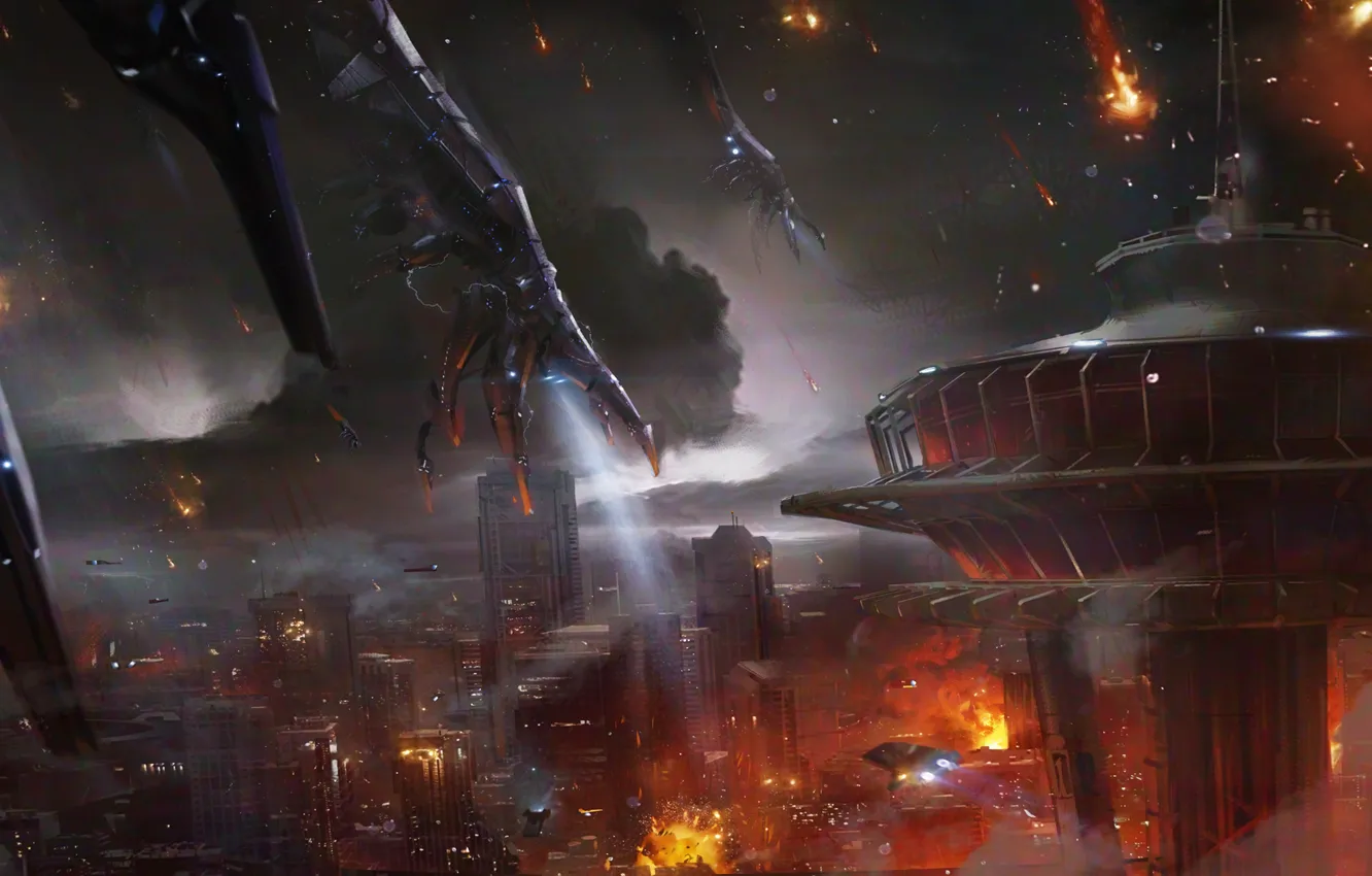 Photo wallpaper fire, destruction, art, Earth, art, Mass Effect 3, Reaper attack, the reapers attack