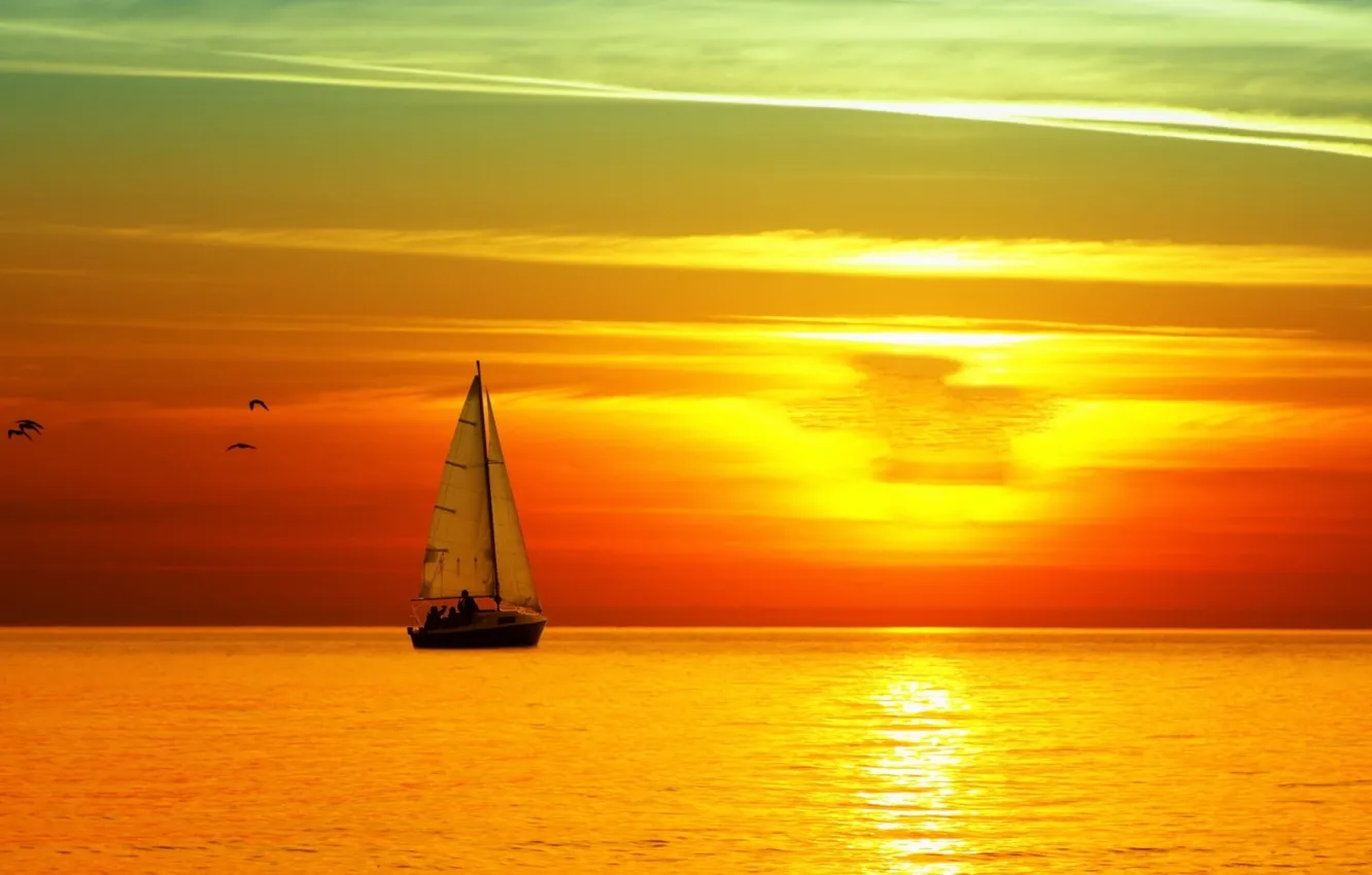 Photo wallpaper the sky, sunset, birds, Sea, sailboat, bright.
