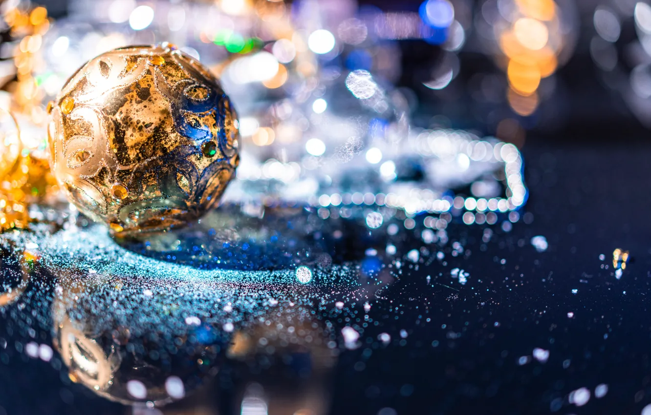 Photo wallpaper balls, light, glare, reflection, lights, table, holiday, balls