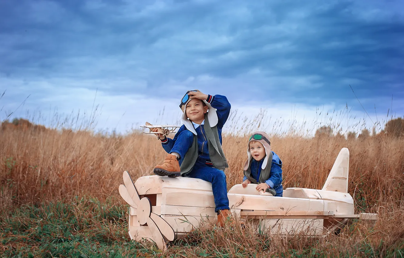 Photo wallpaper grass, nature, children, the game, the plane, boys, boys, pilots
