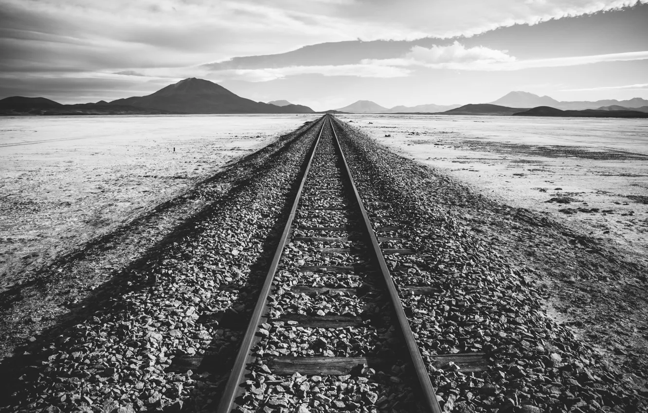Photo wallpaper sky, landscape, mountains, clouds, hills, black and white, rails, b/w