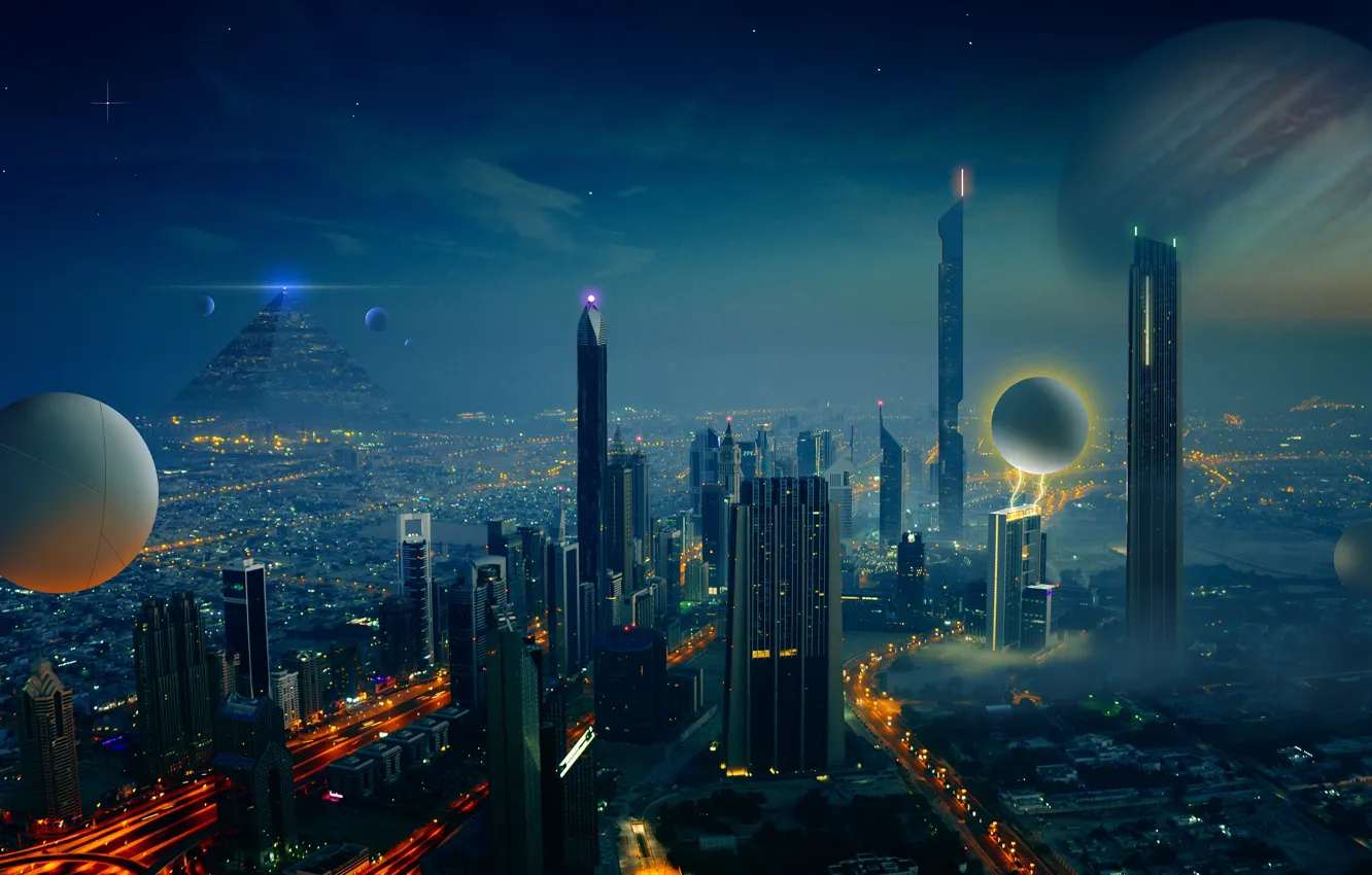Photo wallpaper night, the city, lights, fog, future, rendering, fantasy, fiction