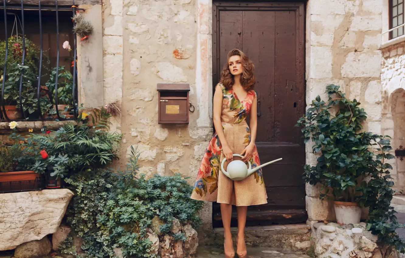 Photo wallpaper dress, village, lake, vintage, retro style, farmer girl