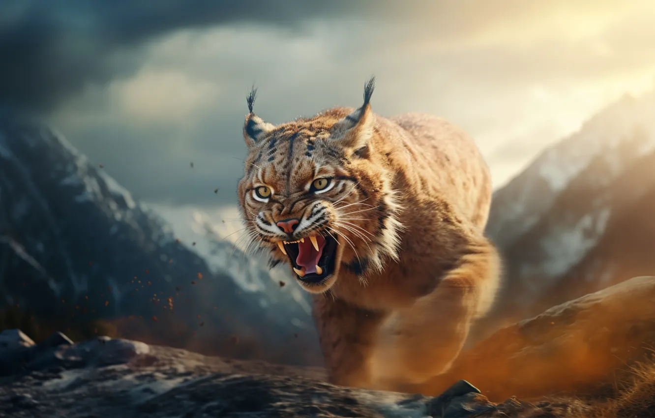 Photo wallpaper face, mountains, predator, grin, lynx, front, big cat, digital art