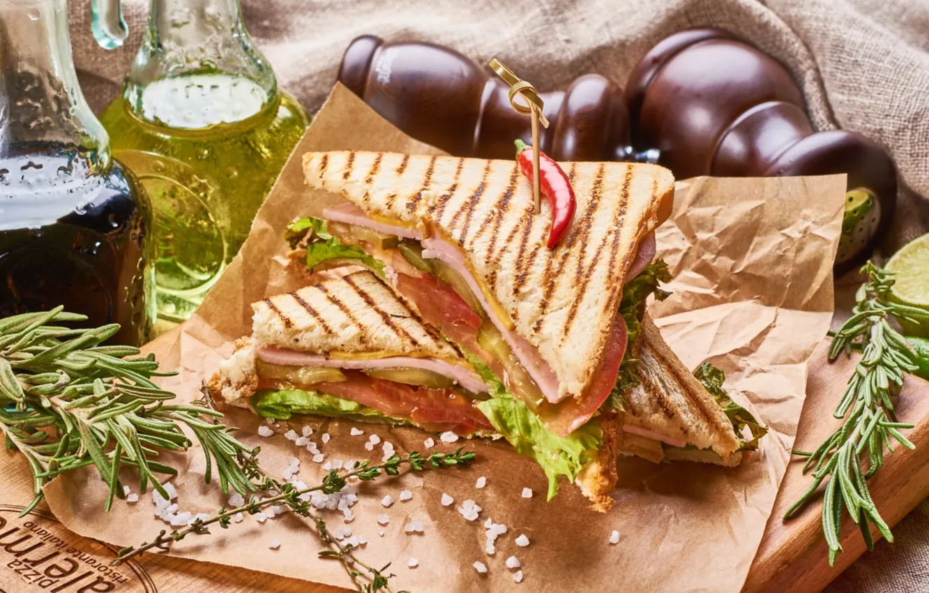 Photo wallpaper oil, sandwich, rosemary, Panini
