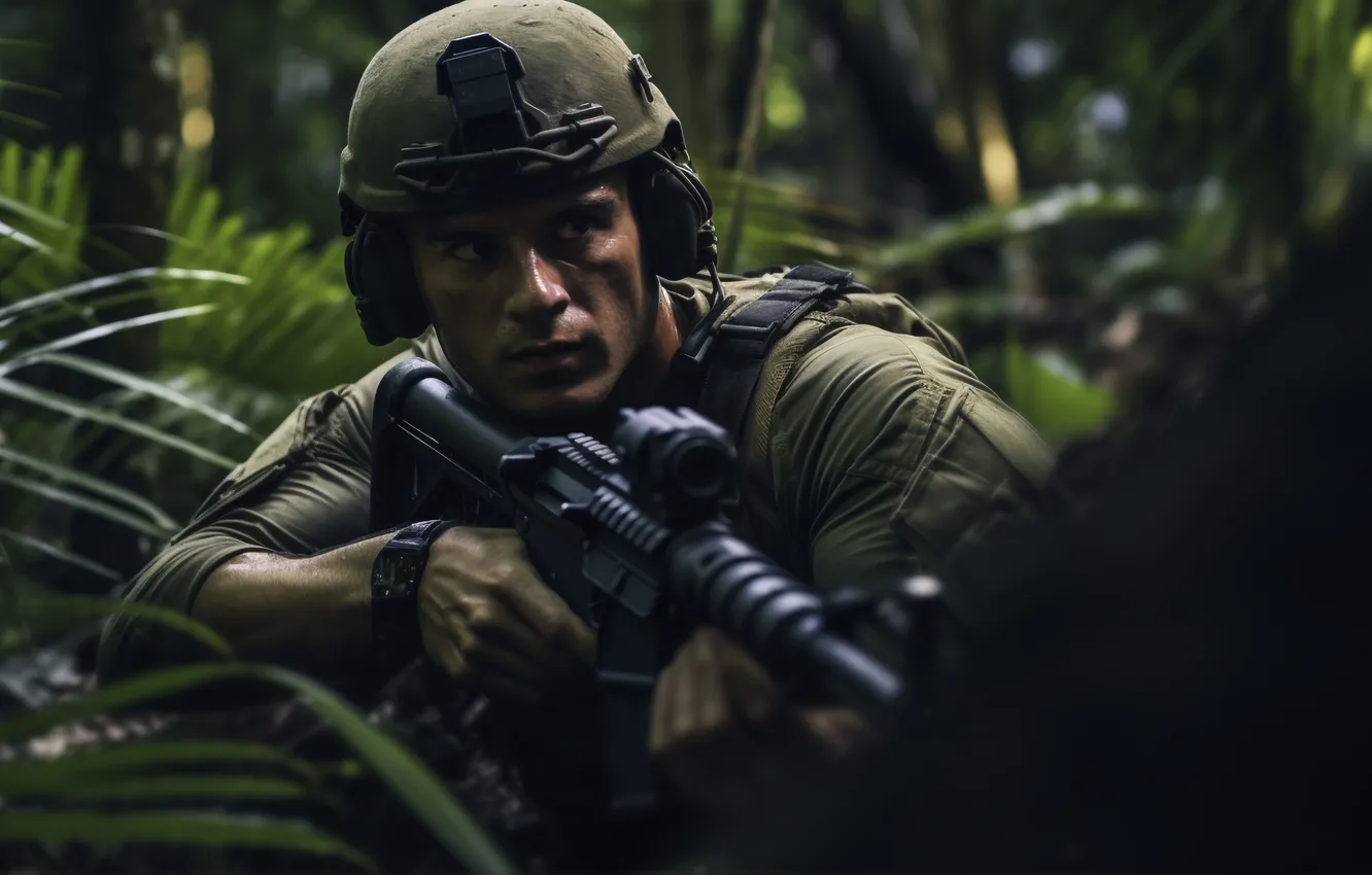 Photo wallpaper jungle, soldiers, machine, helmet, digital art, AI art, The Art of Artificial Intelligence, neural network