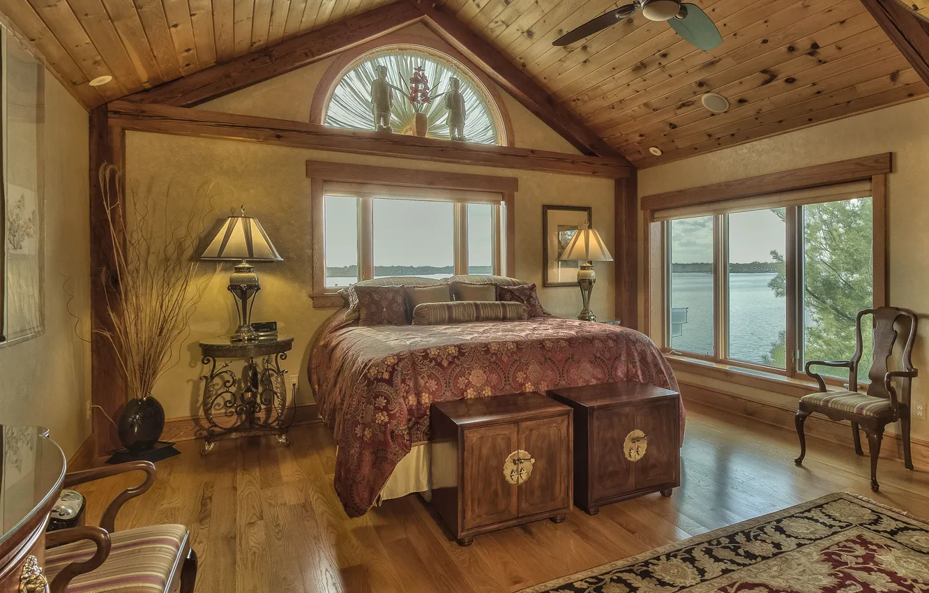 Photo wallpaper trees, design, lamp, bed, chair, window, bedroom, chest