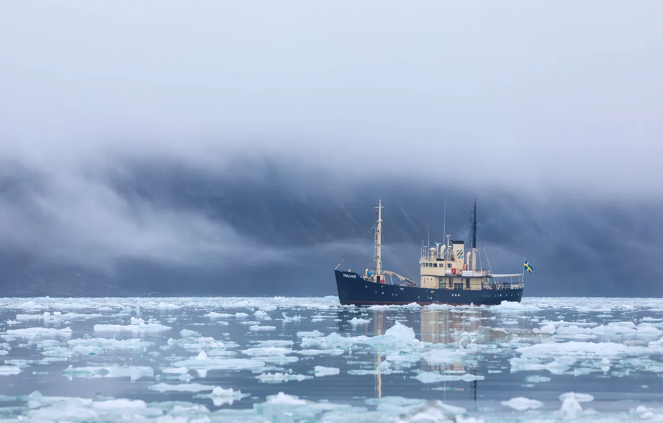 Photo wallpaper ice, winter, water, snow, mountains, nature, fog, rocks