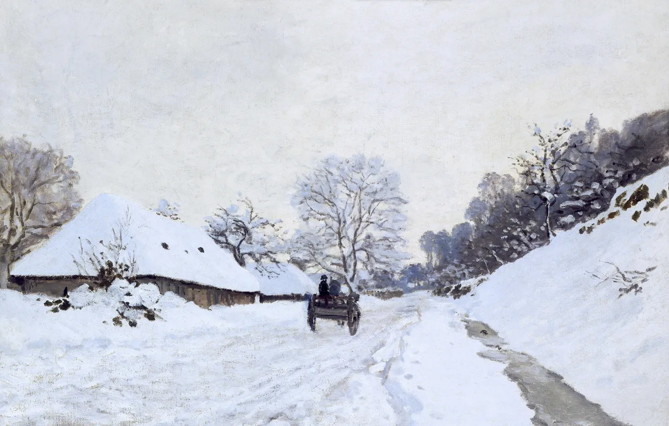 Photo wallpaper winter, snow, landscape, picture, Claude Monet, A cart on the Snowy Road and the Farm …