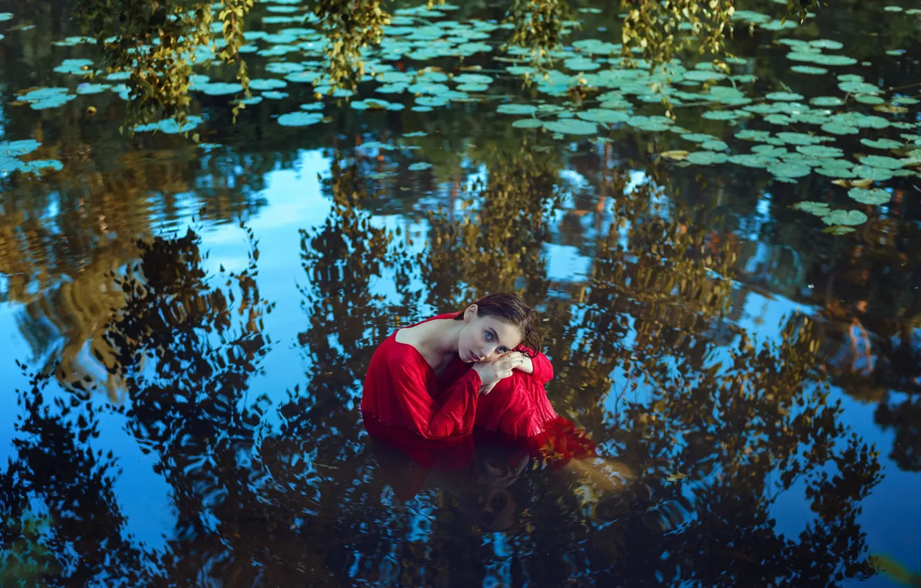 Photo wallpaper girl, reflection, river, wet, dress, Margo, Anastasia Dobrovolskaya