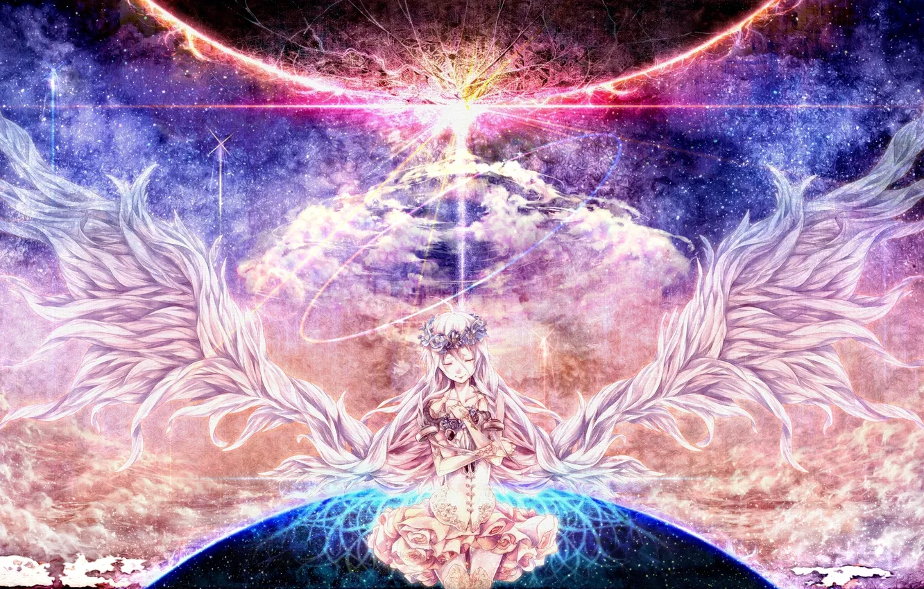 Photo wallpaper girl, flowers, earth, planet, art, vocaloid, wreath, Vocaloid