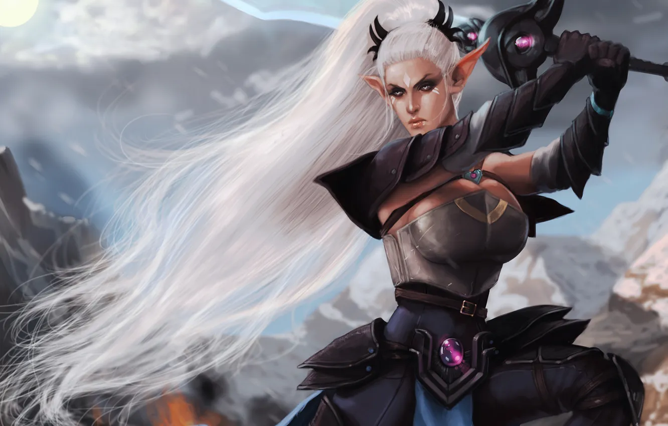 Photo wallpaper girl, elf, sword, fantasy, white hair, art