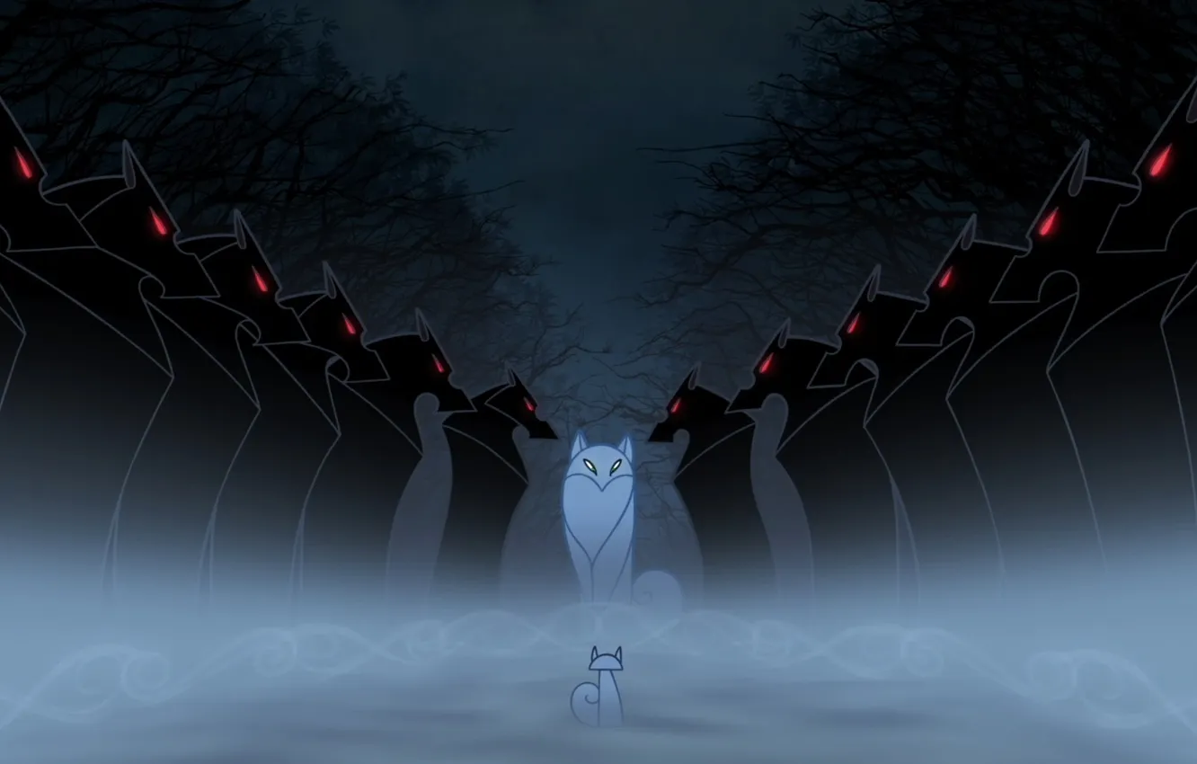 Photo wallpaper fog, fantasy, the darkness, cartoon, wolf, Dark Forest, Pangur Ban, Aisling