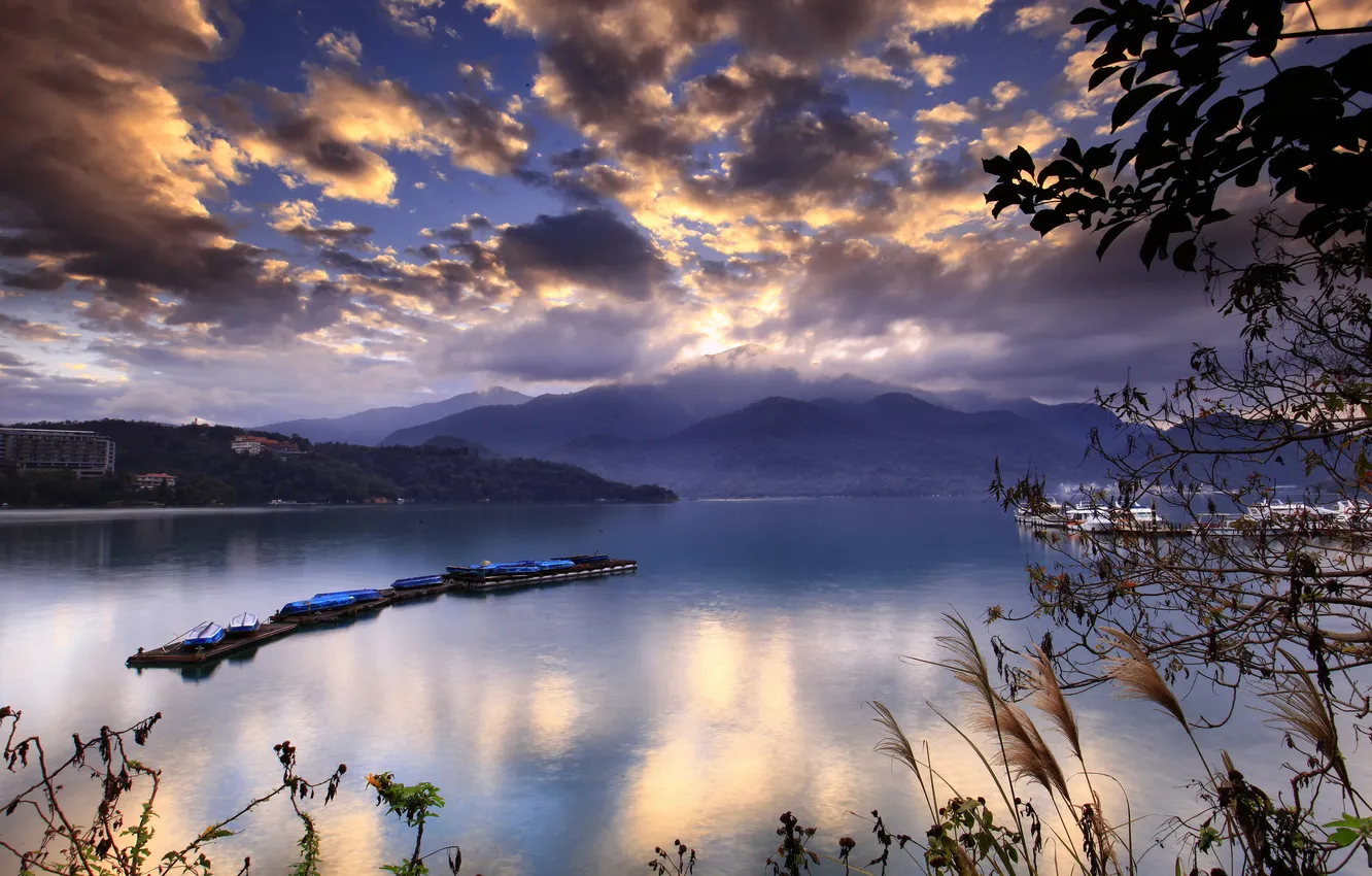 Photo wallpaper sea, water, clouds, hills, ship