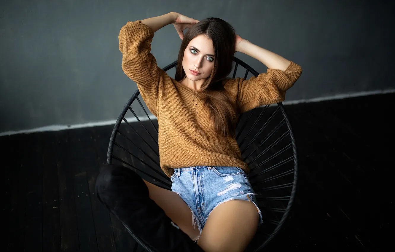 Photo wallpaper look, girl, pose, shorts, chair, boots, hands, sweater