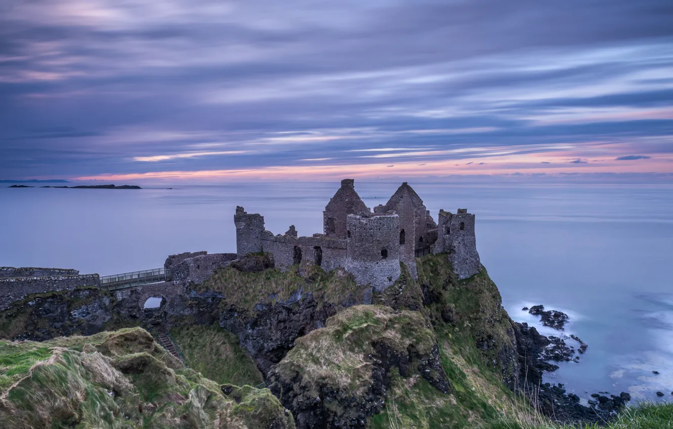 Photo wallpaper sea, the sky, clouds, Ireland, Dunluce Castle, medieval architecture, Dunluce сastle