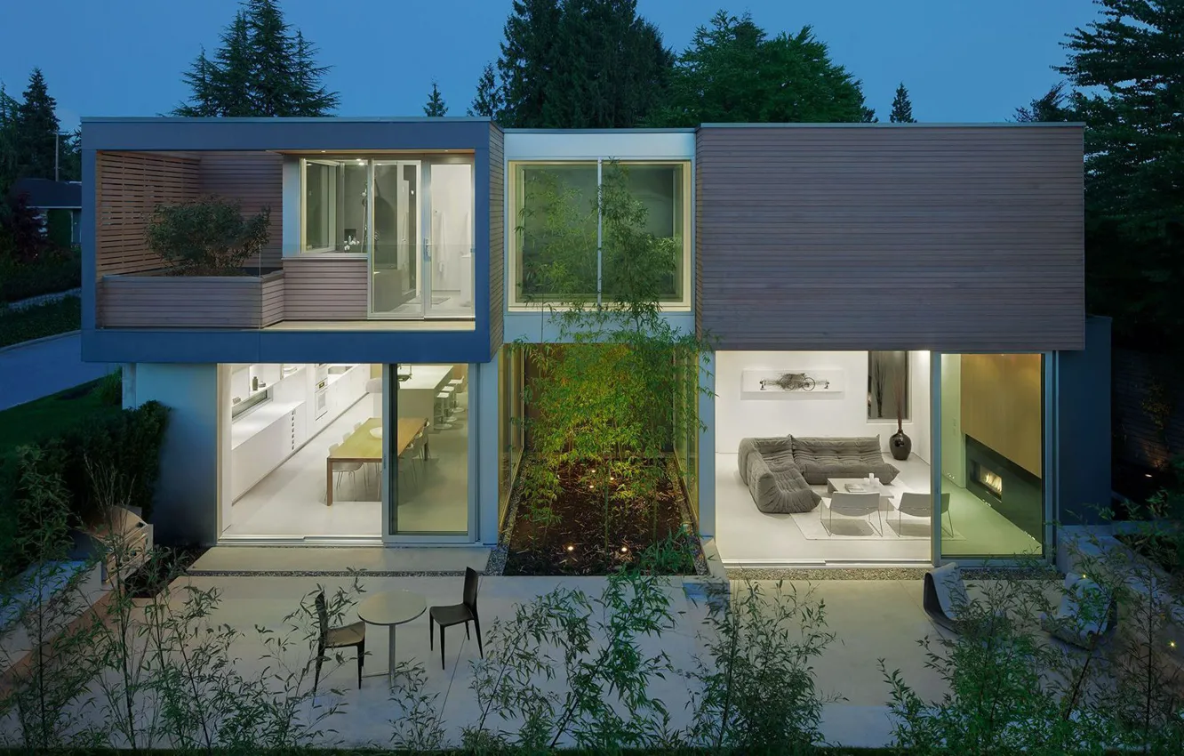 Photo wallpaper design, Villa, interior, the evening, lighting, architecture, exterior, indor-outdor house