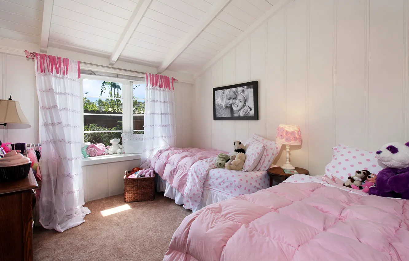 Photo wallpaper design, photo, lamp, interior, curtains, bedroom, bed, children's