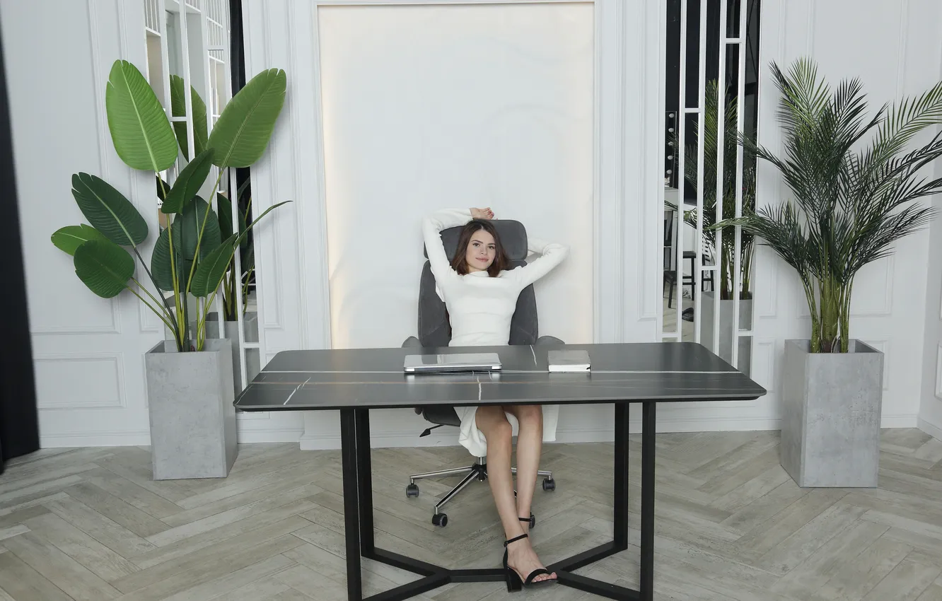 Photo wallpaper model, brunette, gorgeous, office, posing, high heels, white dress, beautiful face