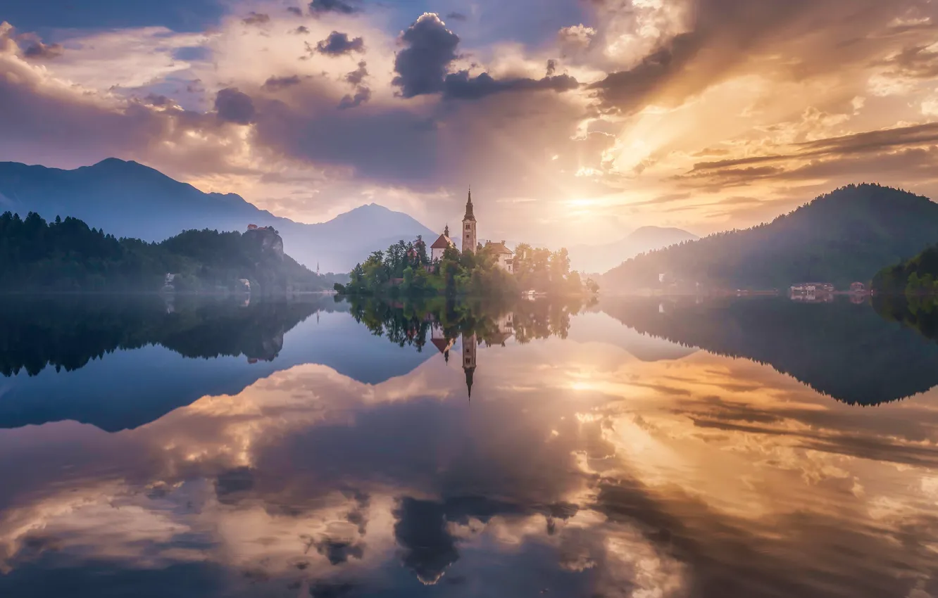 Photo wallpaper mountains, lake, reflection, sunrise, dawn, island, morning, Slovenia