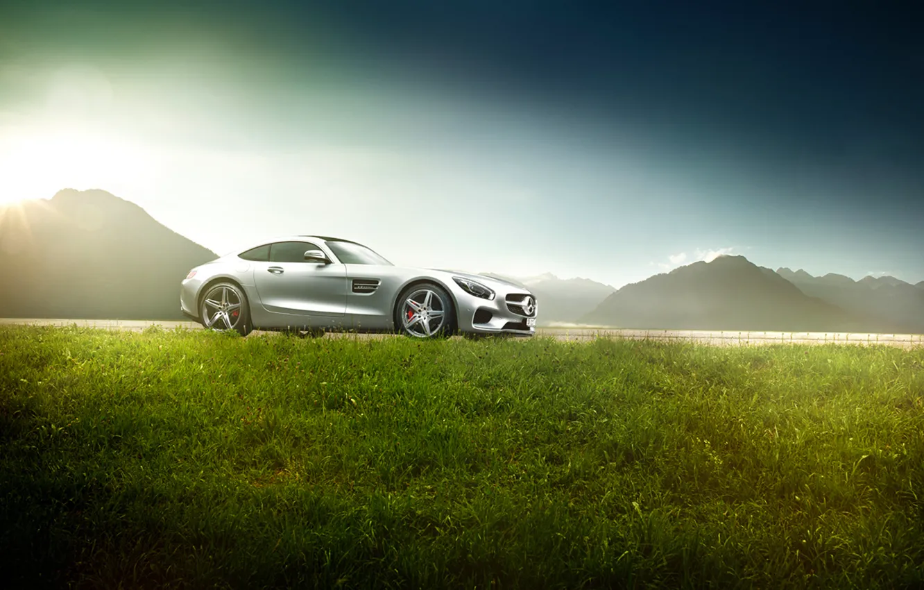 Photo wallpaper Mercedes-Benz, Grass, AMG, Sun, Supercar, Exotic, Ligth, GT S