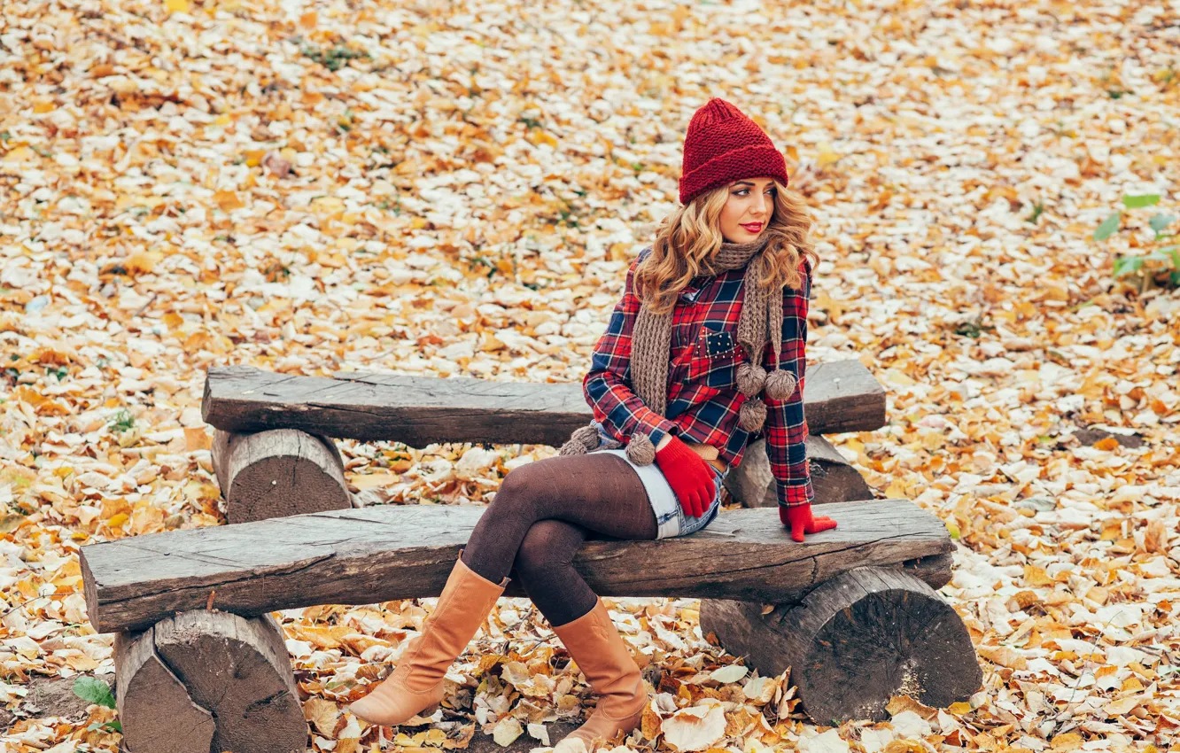 Photo wallpaper autumn, leaves, bench, face, style, model