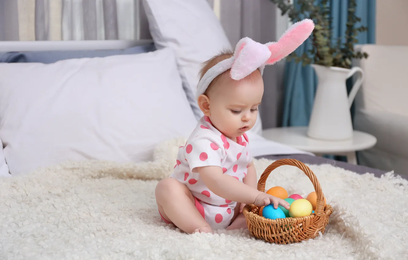 Photo wallpaper child, eggs, Easter, ears