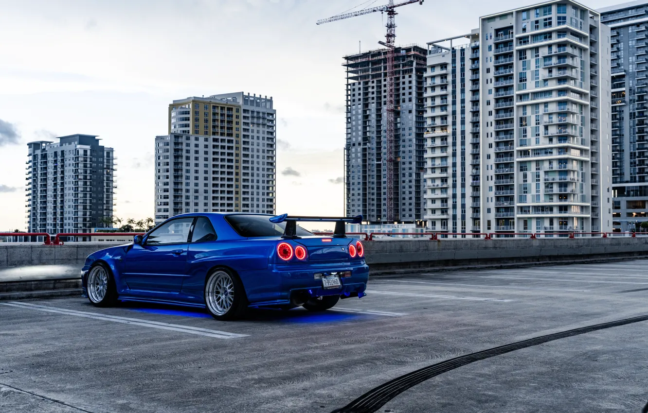 Photo wallpaper Blue, Skyline, Rear view, R34, NISMO