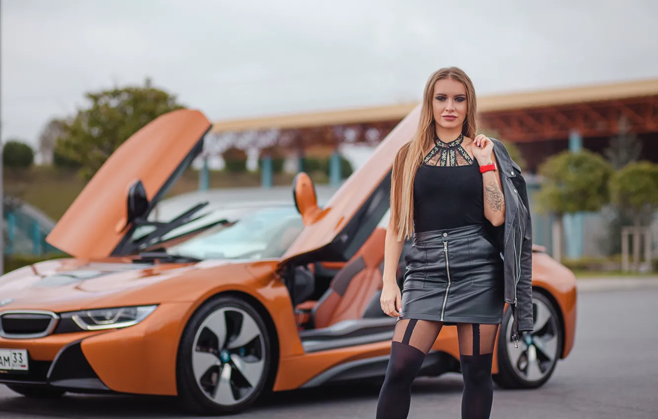 Photo wallpaper machine, auto, girl, pose, BMW i8, Salih Gokduman