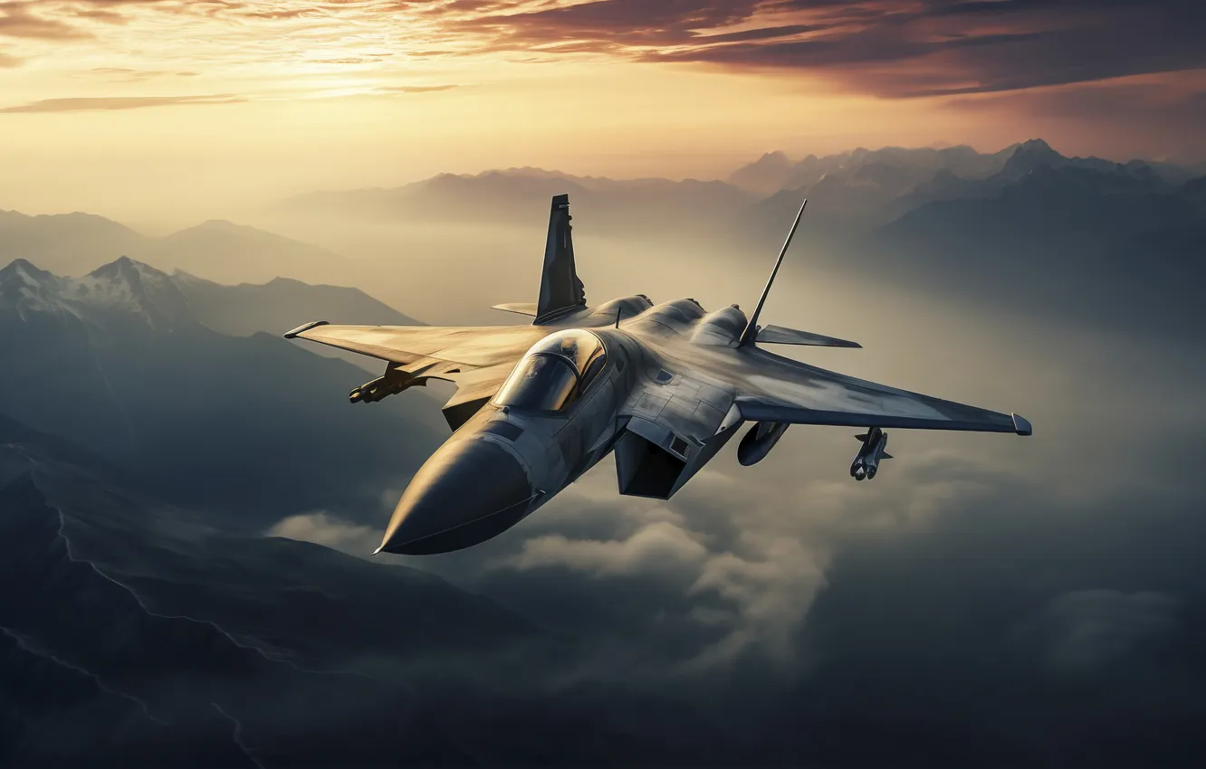 Photo wallpaper flight, mountains, fighter, the plane, digital art, AI art, The Art of Artificial Intelligence, neural …