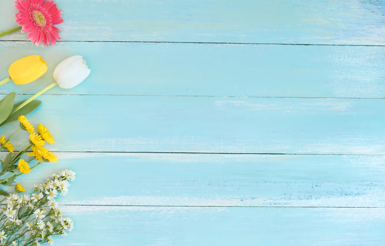 Photo wallpaper flowers, yellow, bouquet, spring, gerbera, chrysanthemum, yellow, wood