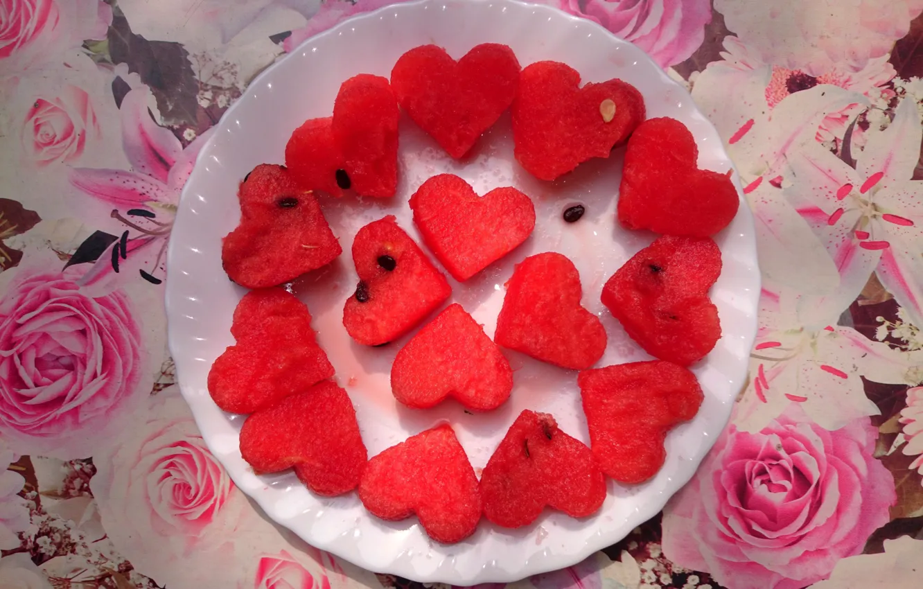 Photo wallpaper red, hearts, fruit, watermelon, feed, seed