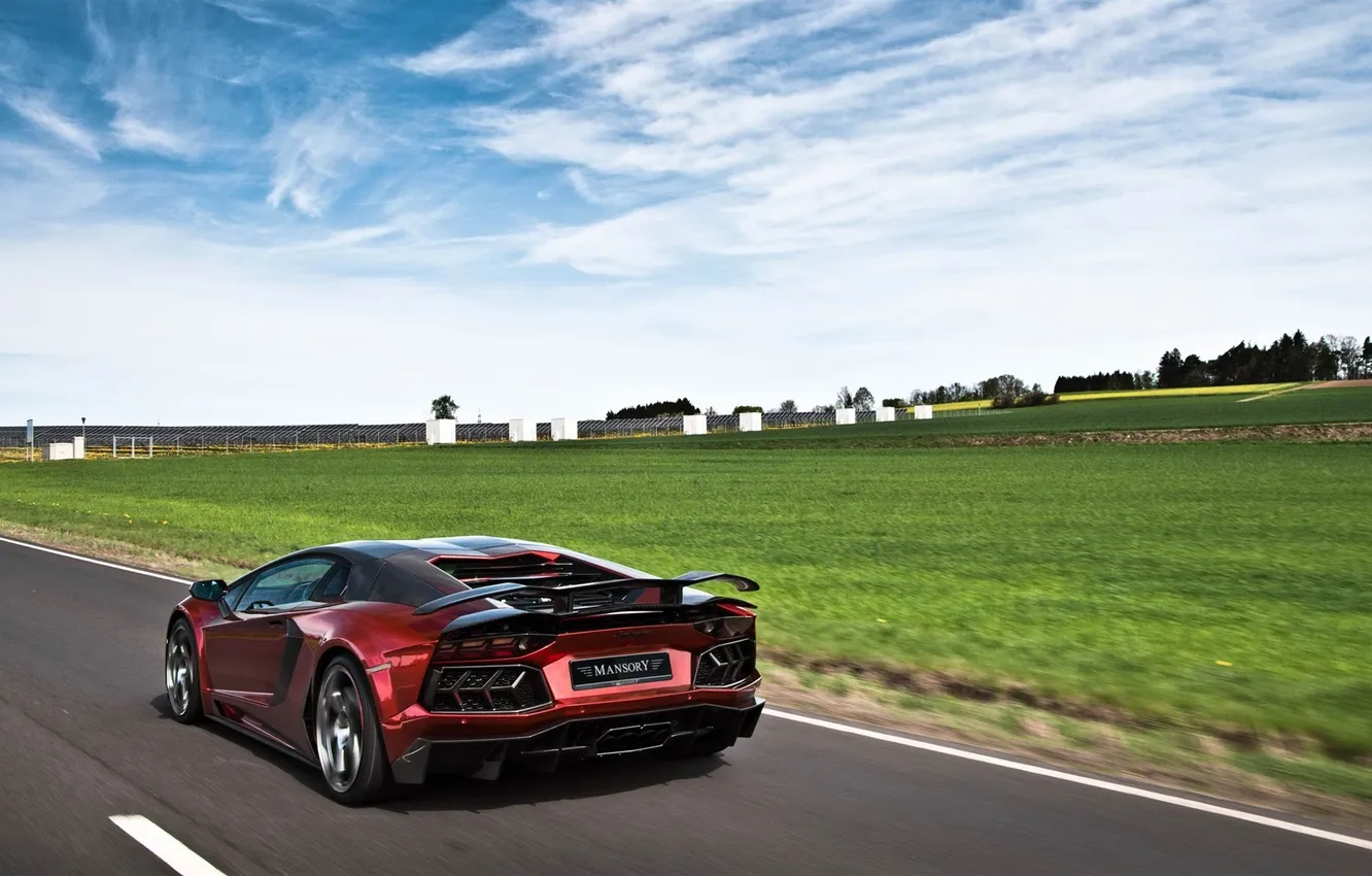 Photo wallpaper road, field, the sky, clouds, red, speed, Lamborghini, red