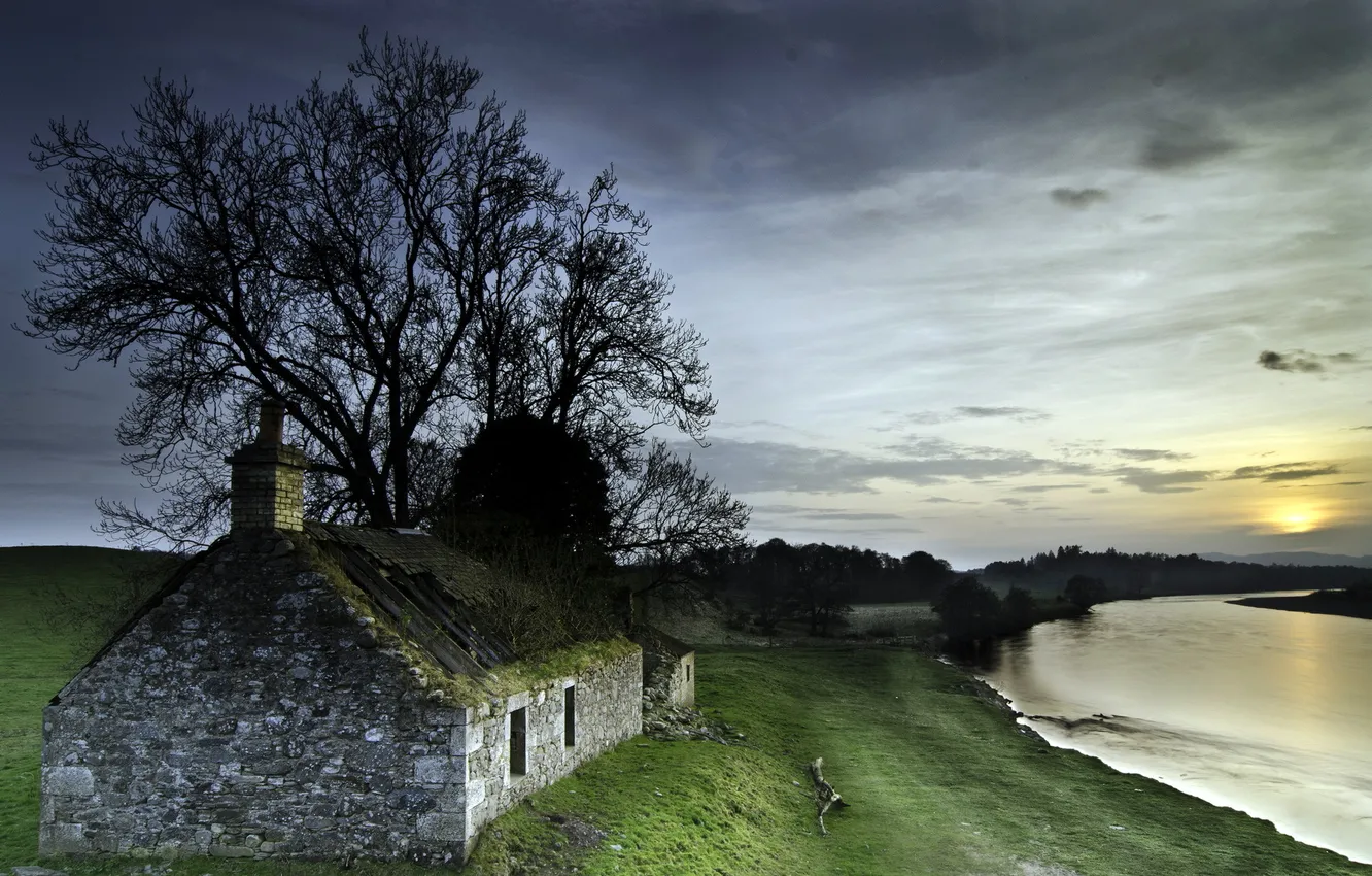 Photo wallpaper landscape, sunset, house, river
