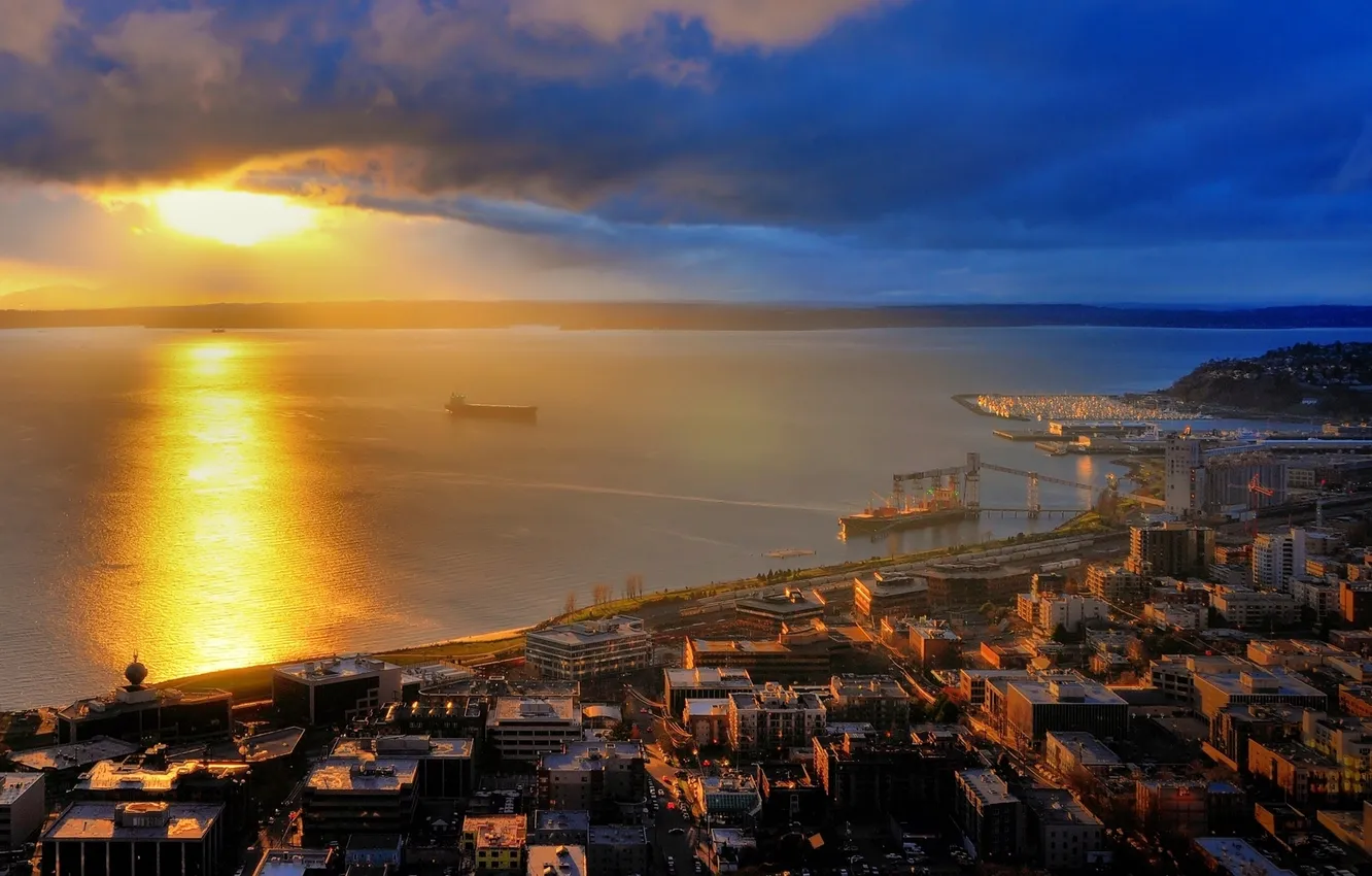 Photo wallpaper sunset, the city, Bay, USA, Seattle