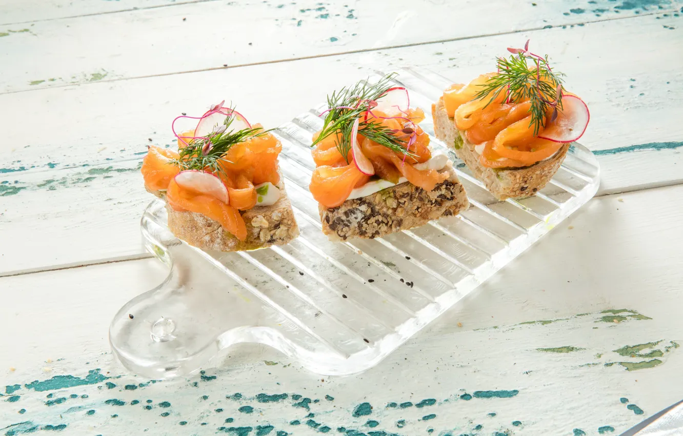 Photo wallpaper fish, sandwiches, radishes