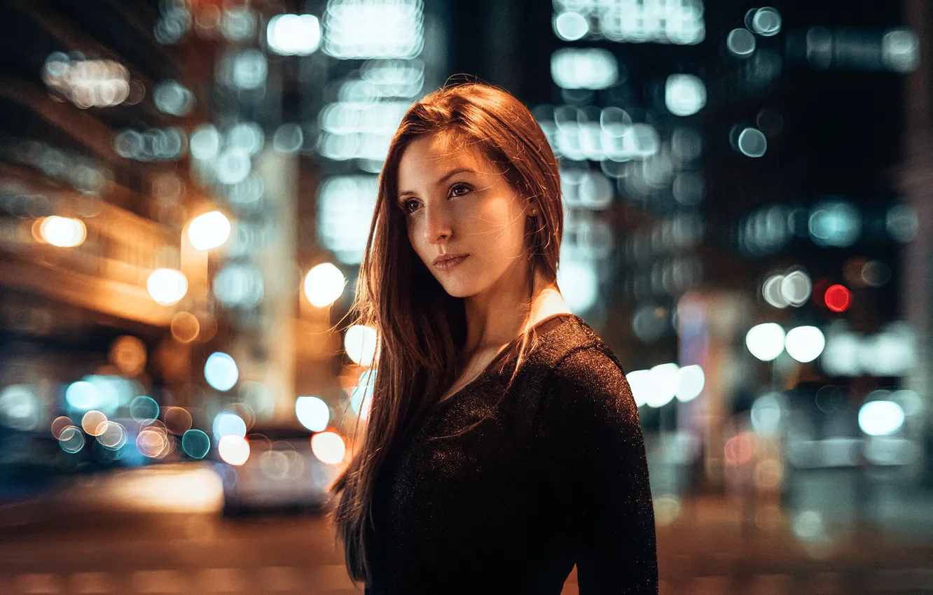 Photo wallpaper look, girl, face, city, glare, sweetheart, model, portrait