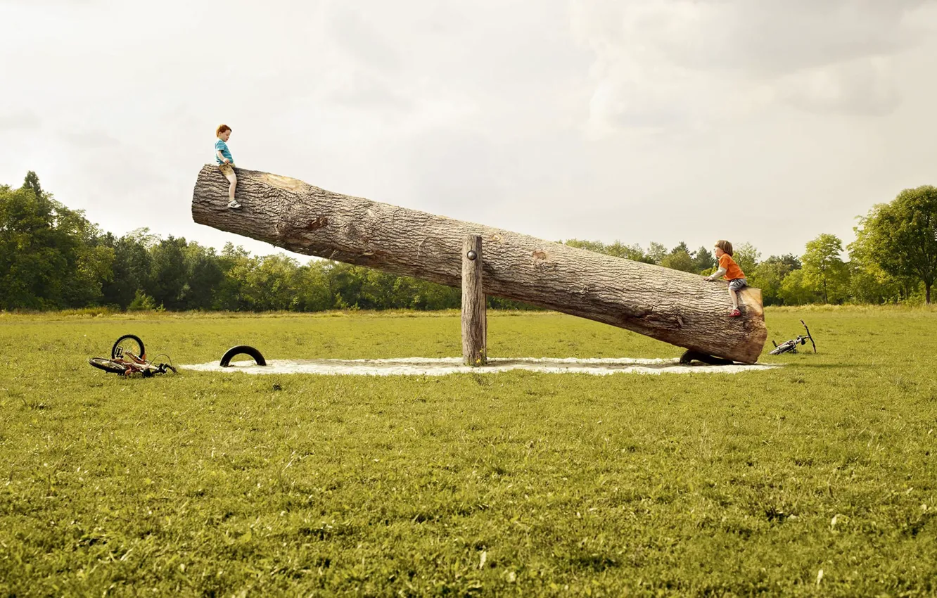 Photo wallpaper children, swing, log