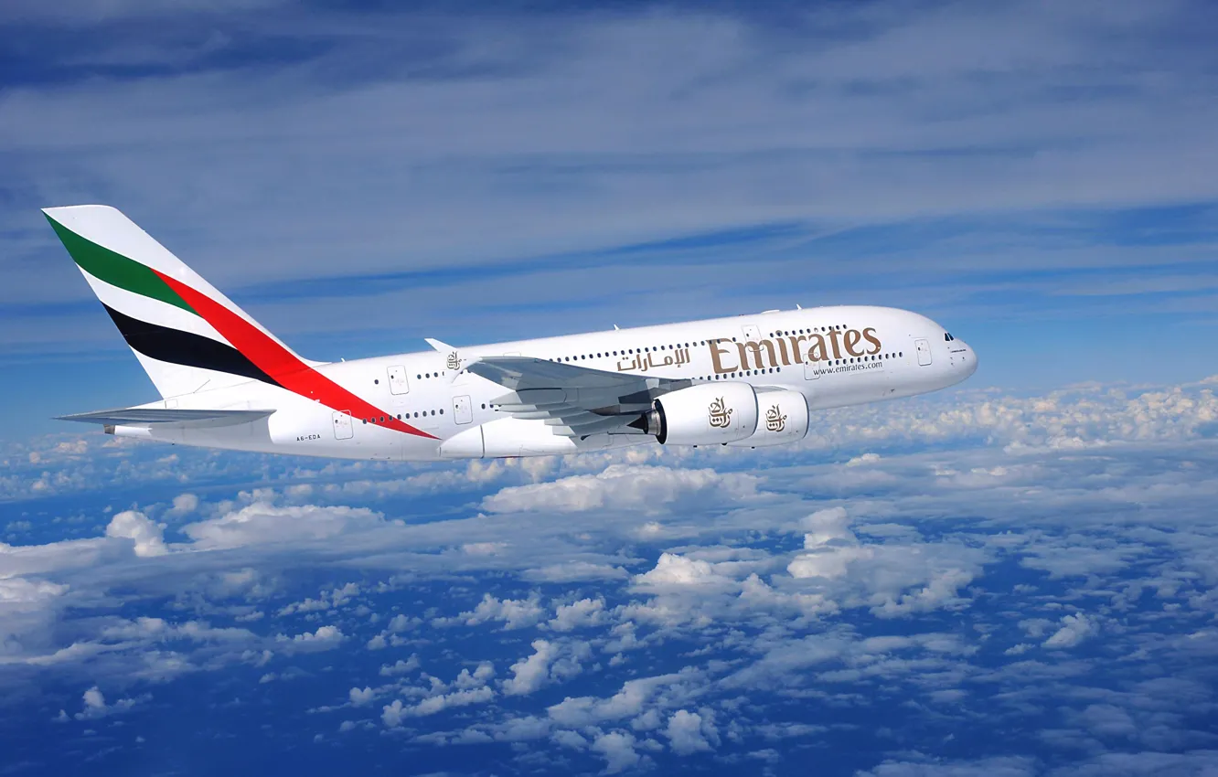 Photo wallpaper Clouds, The plane, Flight, Day, A380, Airbus, Huge, Side view