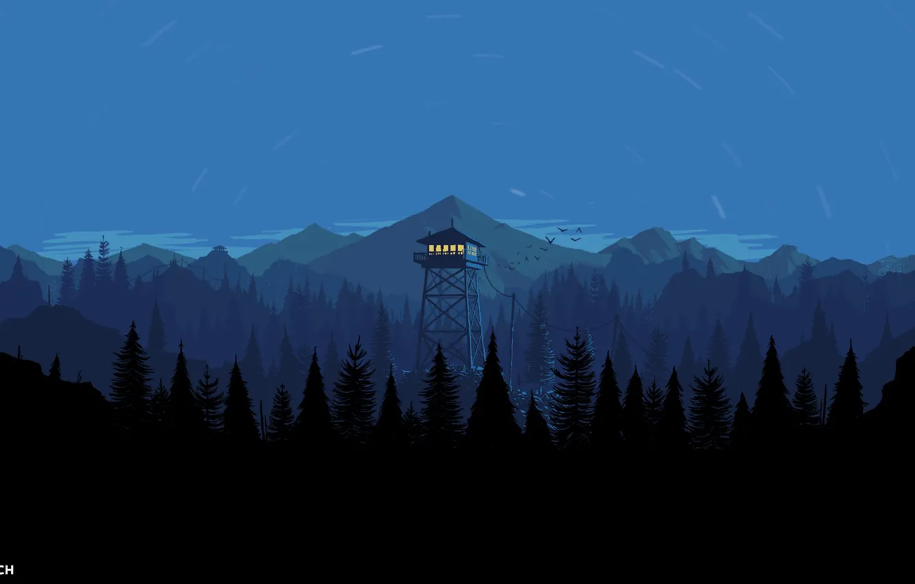 Photo wallpaper Mountains, Night, The game, Forest, View, Birds, Hills, Landscape