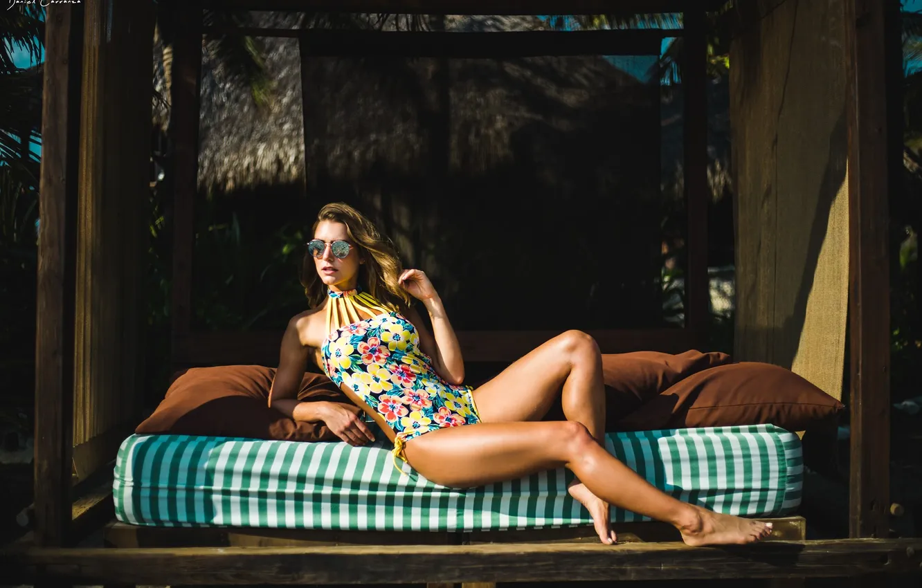 Photo wallpaper girl, legs, beautiful, model, sweet, swimsuit, sunglasses, long-haired