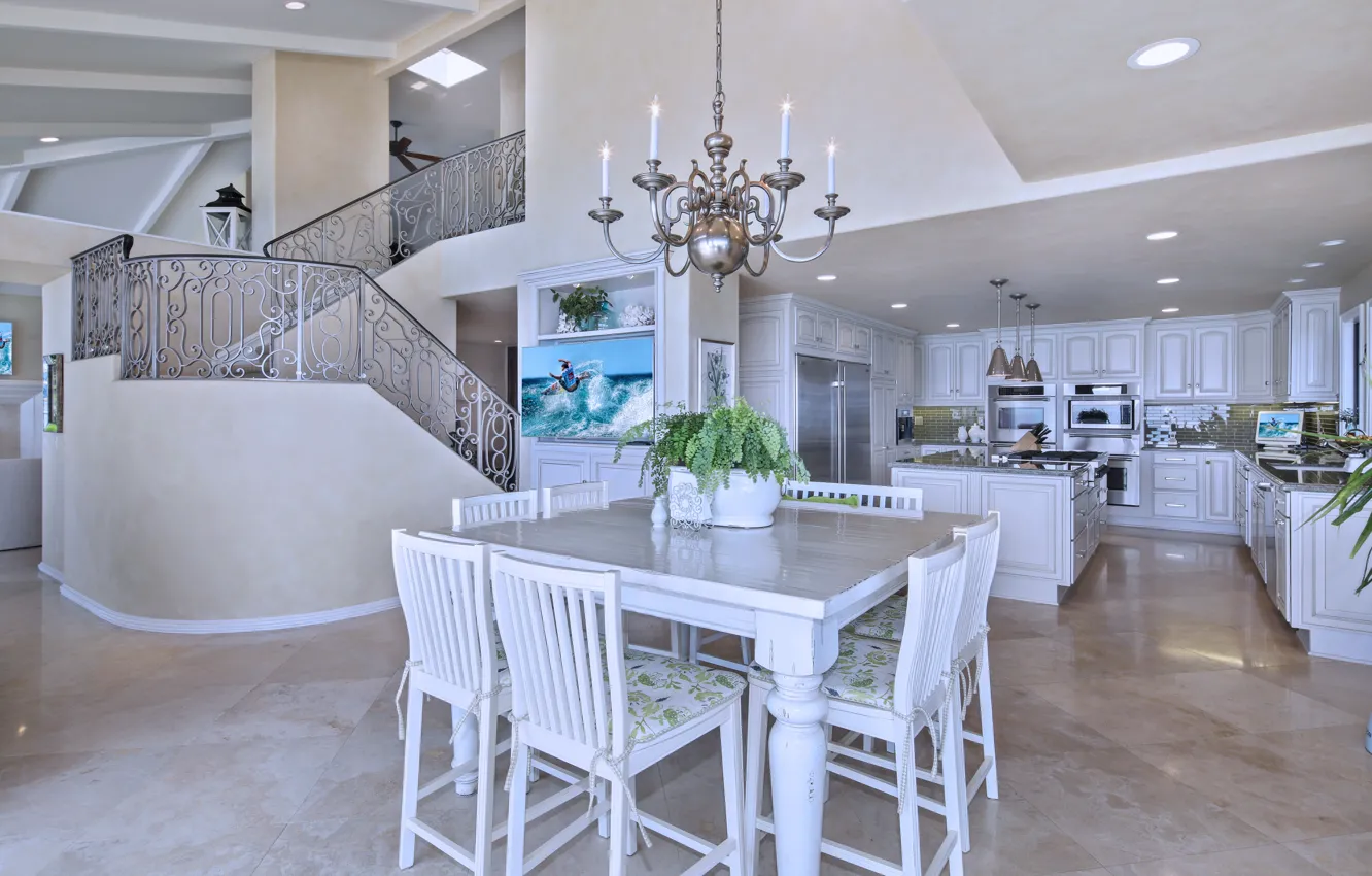 Photo wallpaper design, ladder, chandelier, mansion, design, chic, interior, kitchen