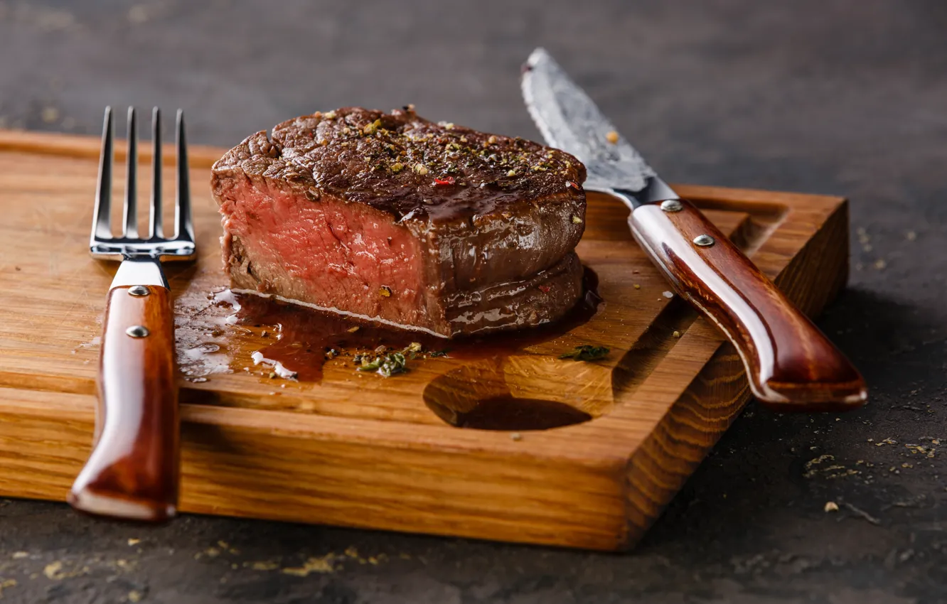 Photo wallpaper board, fork, knife, meat, Juicy, roasted