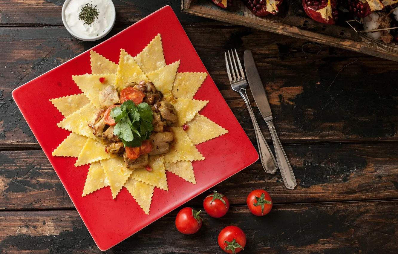 Photo wallpaper greens, meat, tomatoes, noodles