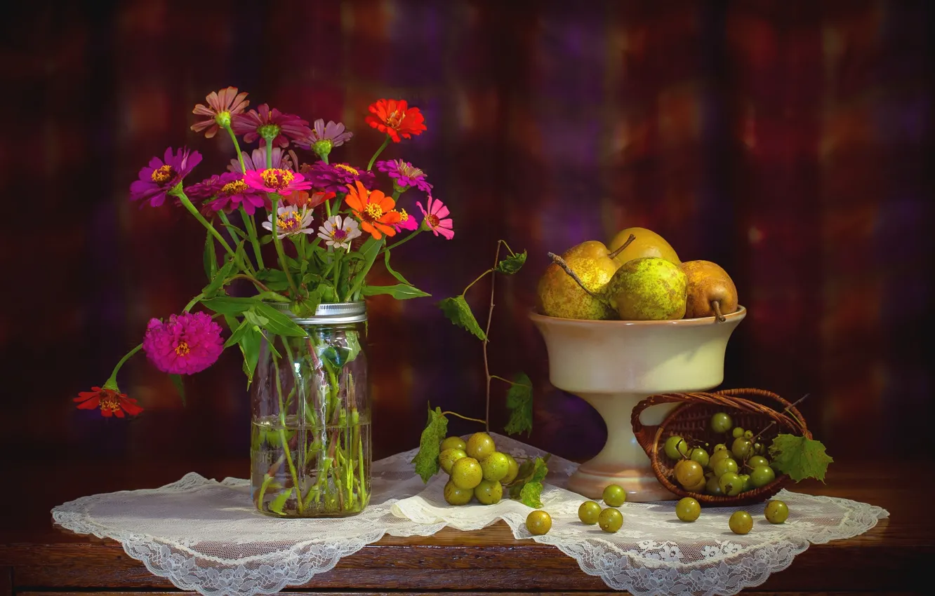 Photo wallpaper flowers, grapes, fruit, still life, pear, zinnia