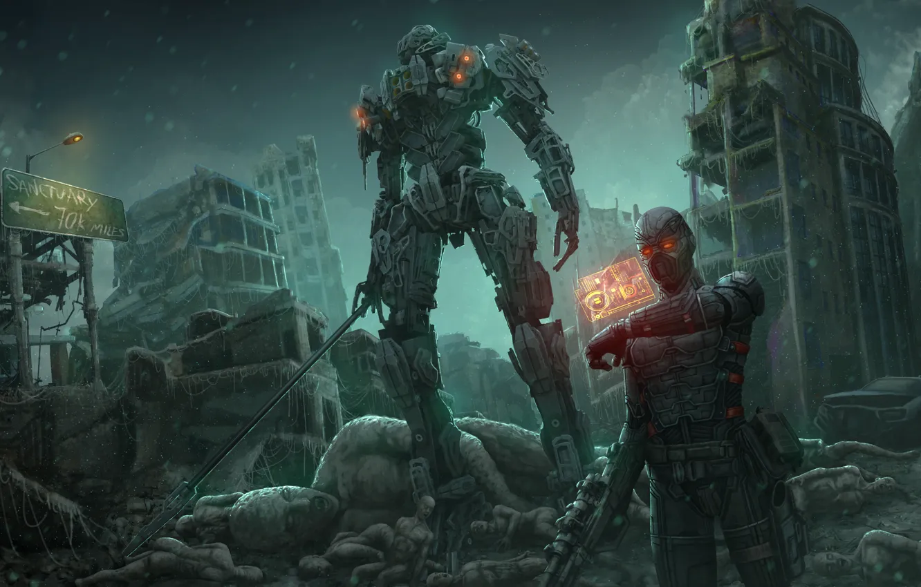 Photo wallpaper the city, fiction, robot, sword, art, ruins, cyborg