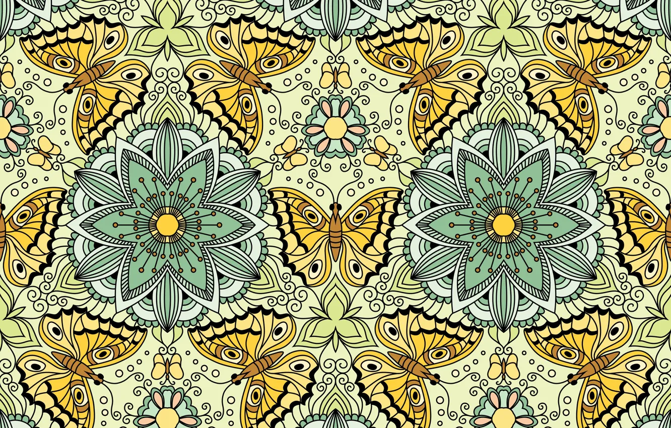Photo wallpaper flowers, background, ornament, pattern, seamless, butterfly