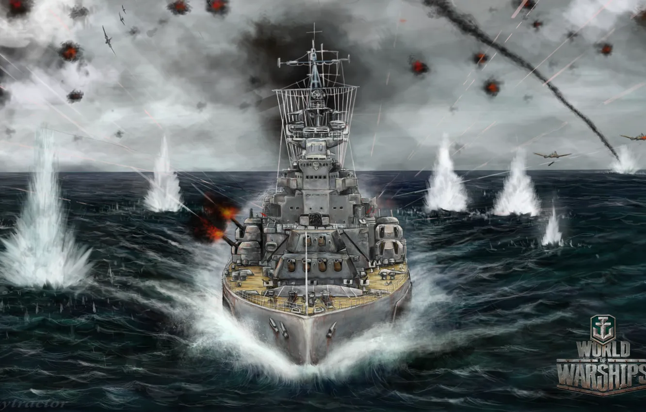 Photo wallpaper sea, ship, explosions, battle, art, aircraft, the battle, World Of Warship