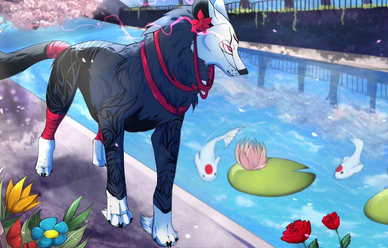 Photo wallpaper dog, pool, beast