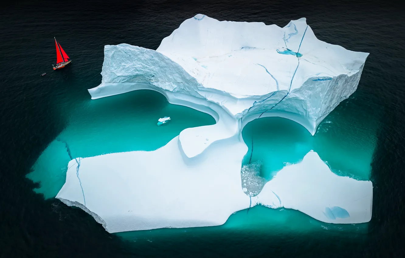 Photo wallpaper sea, sailboat, iceberg